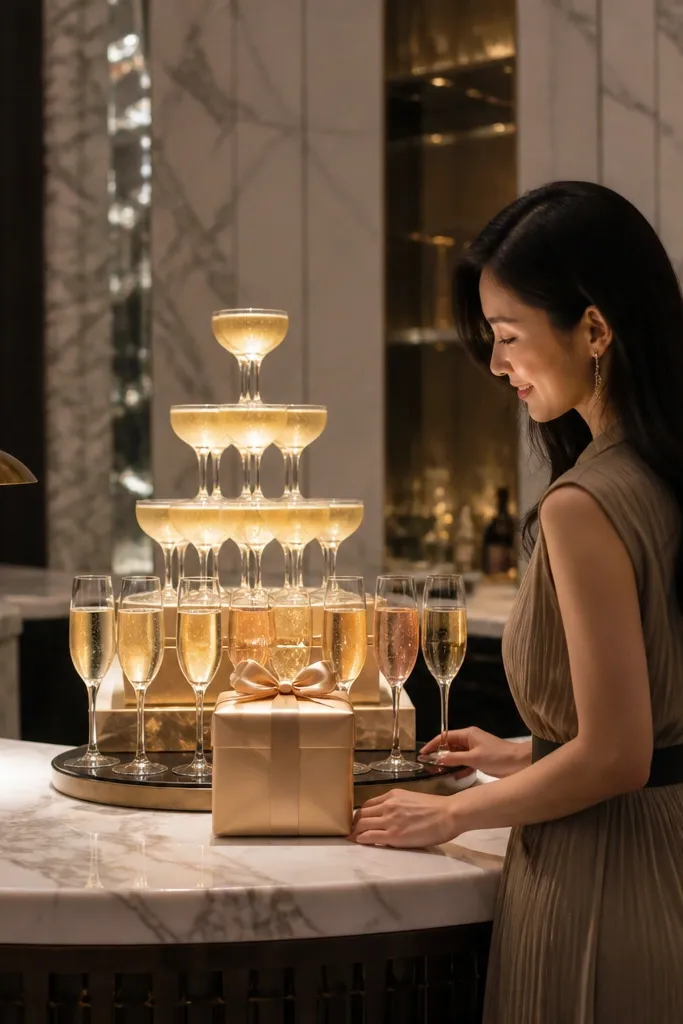 Champagne glasses on a marble bar with a cream ribbon and wax seal note