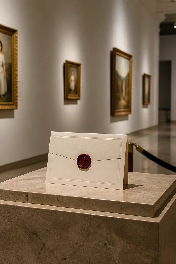 Wax-sealed note held near a museum gallery wall with soft spotlighting