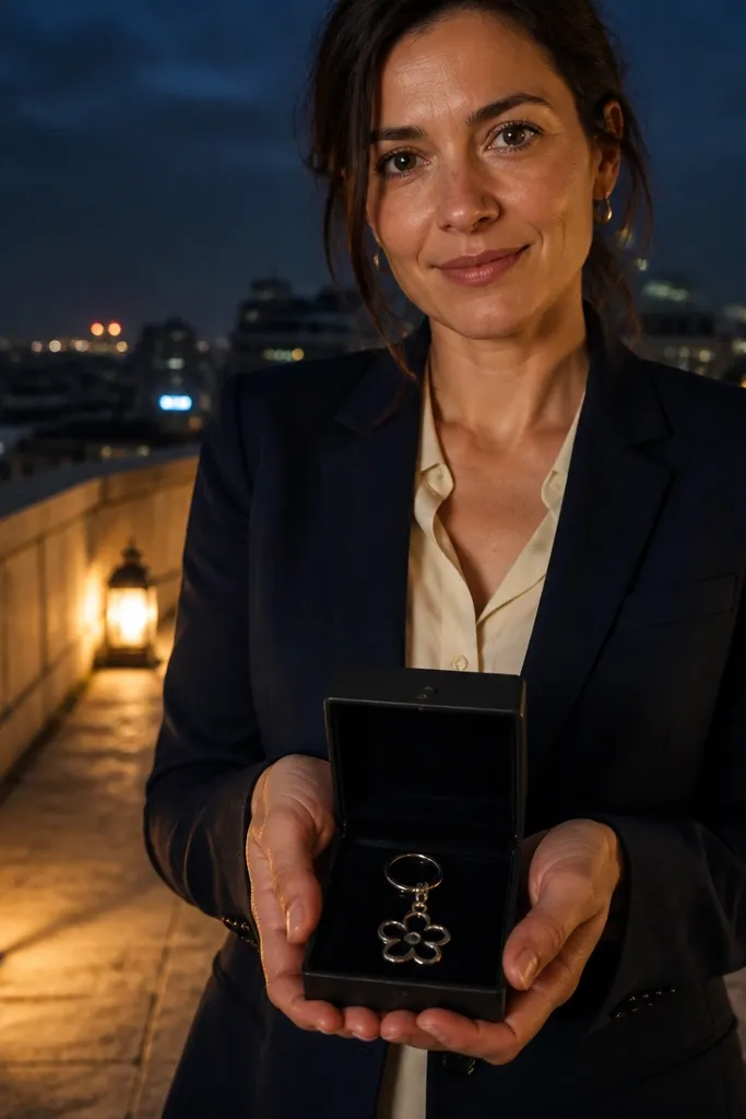 Lantern-lit rooftop path with a small jewelry charm box and ribbon