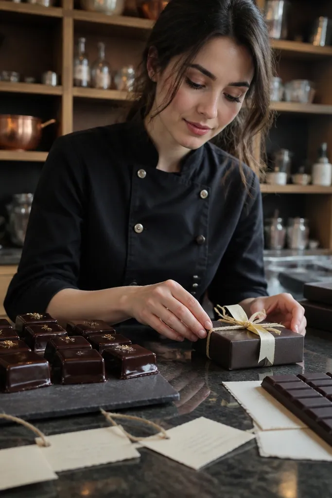 Chocolate atelier table with dark bars, handwritten cards, and ribbon