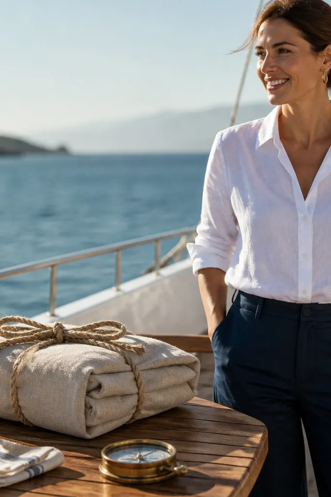 Linen-wrapped gift with rope bow on a yacht deck near ocean horizon