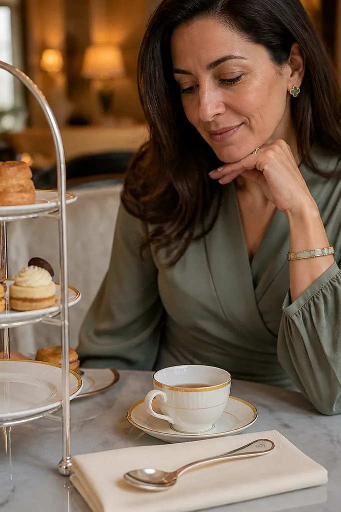 Tiered tea tray with pastries and a monogrammed spoon gift card