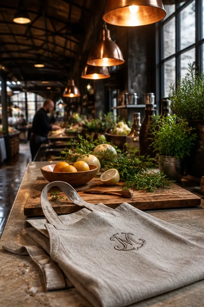 Market stall produce with a linen apron gift tied with ribbon