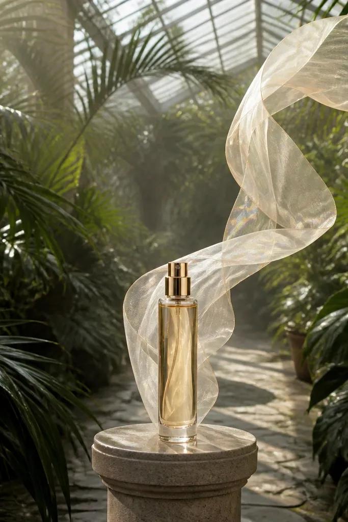Greenhouse conservatory with ribbon tied to a perfume vial and note