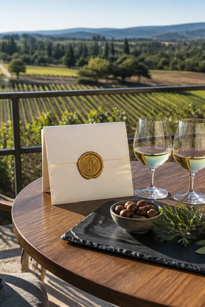 Vineyard table with wine glasses and a tasting card sealed with gold wax