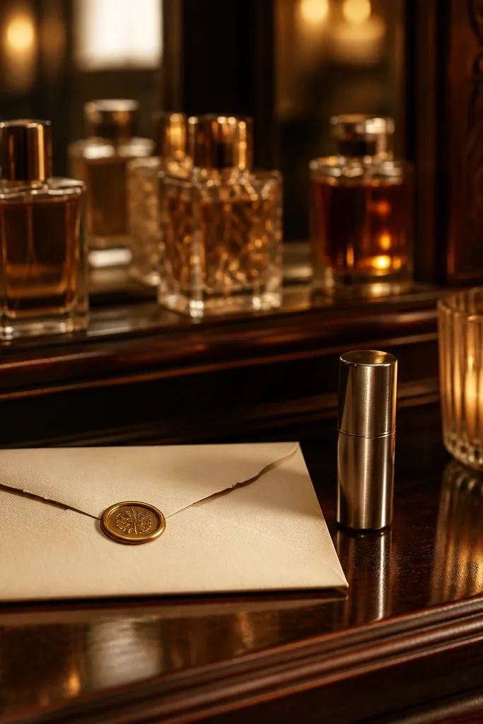 Perfume boutique counter with a candle and a sealed receipt-style proposal note