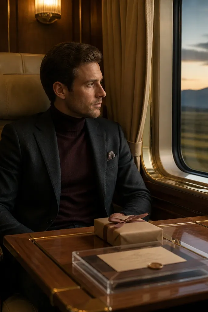 Luxury train compartment seats with boarding pass notes and ribbon-wrapped gift