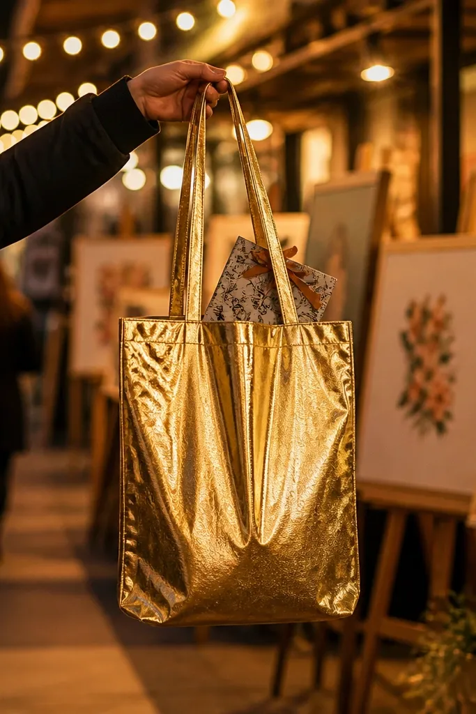 Evening market with warm stalls and a gold foil tote bag held in ribbon