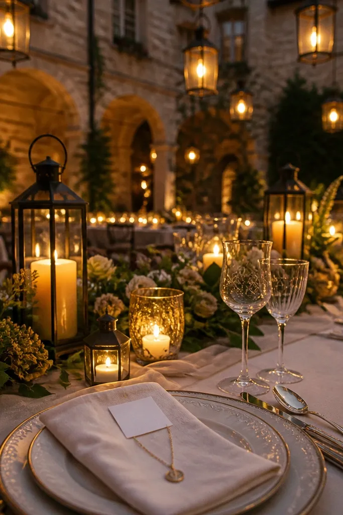 Courtyard dinner table with place cards and a small necklace gift tied to a card
