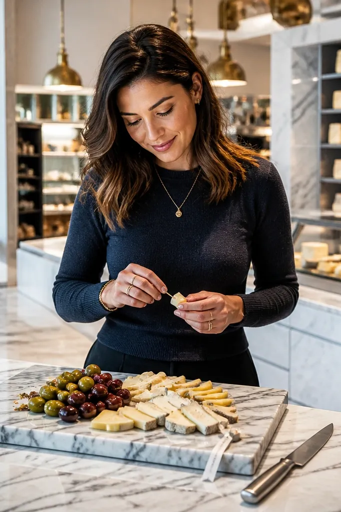 Marble cheese board with cheese knives and a ribbon note on a clean table