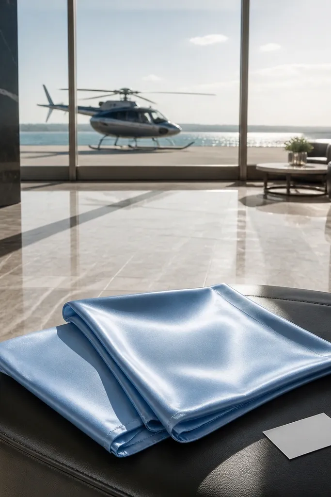 Sky-blue silk scarf gift box with ribbon on a departure lounge seat