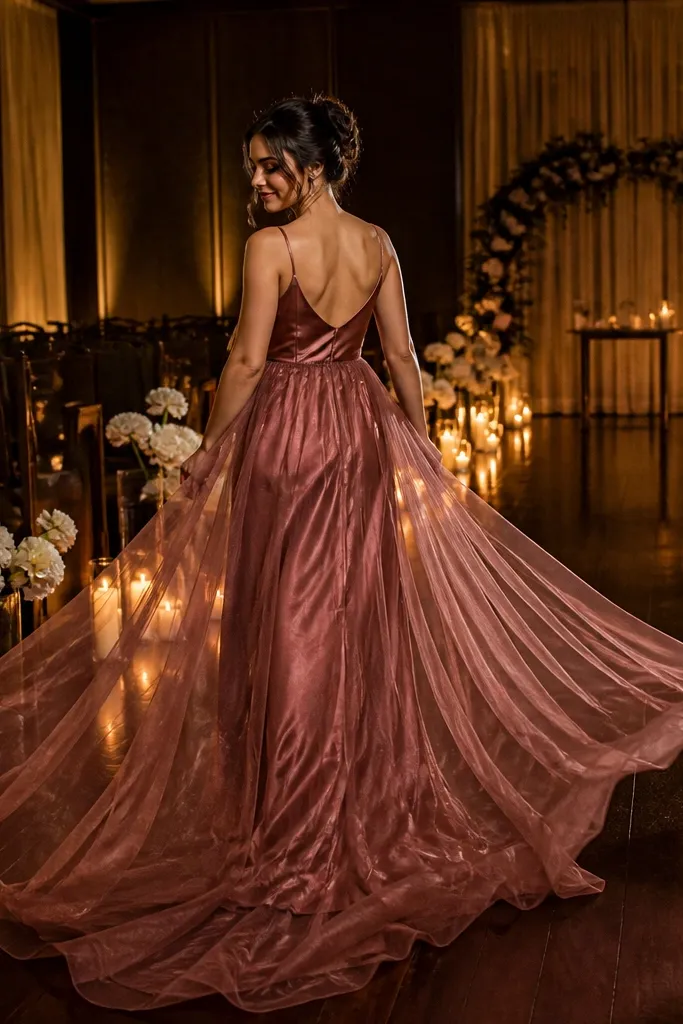 Rose satin slip dress with a tulle overskirt train trailing behind