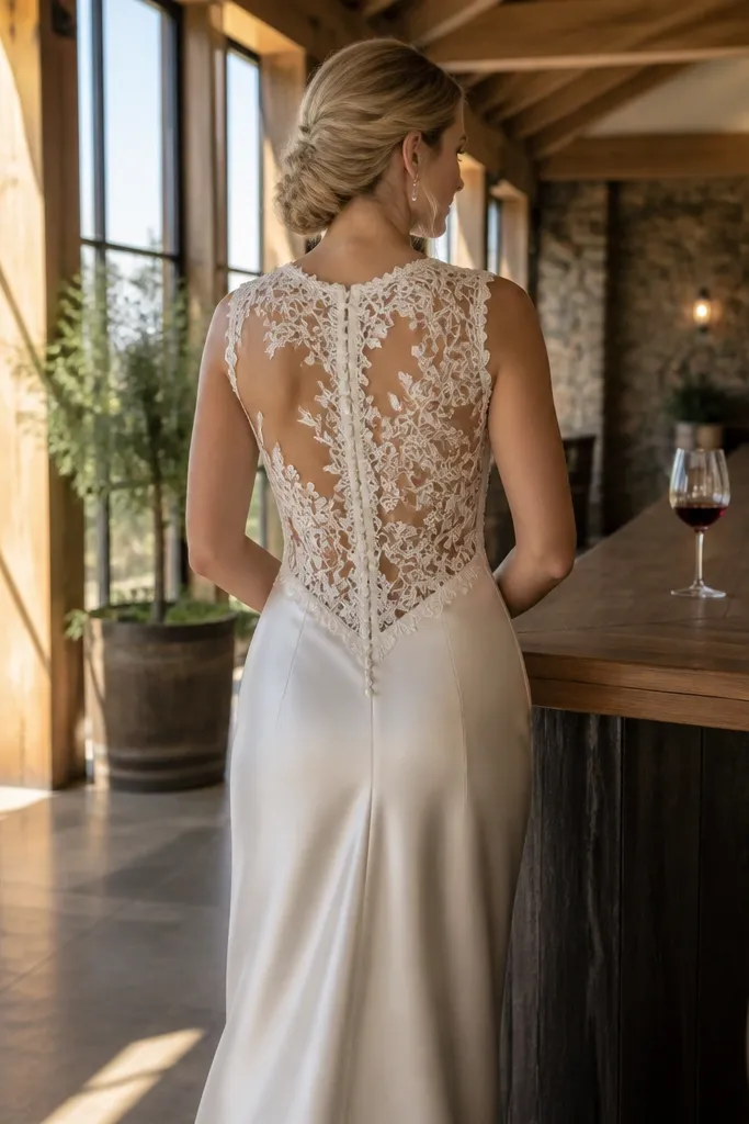 Buttercream satin column dress with a cutwork lace panel on the back