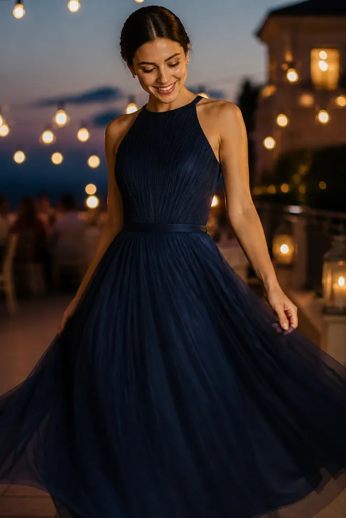 Midnight blue gown with a tulle skirt and a micro-pleat bodice