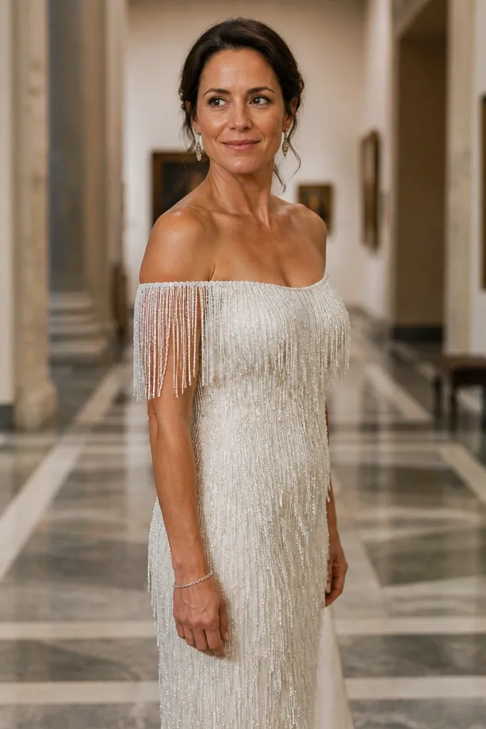 Ivory sheath wedding dress with beaded fringe and bare shoulders