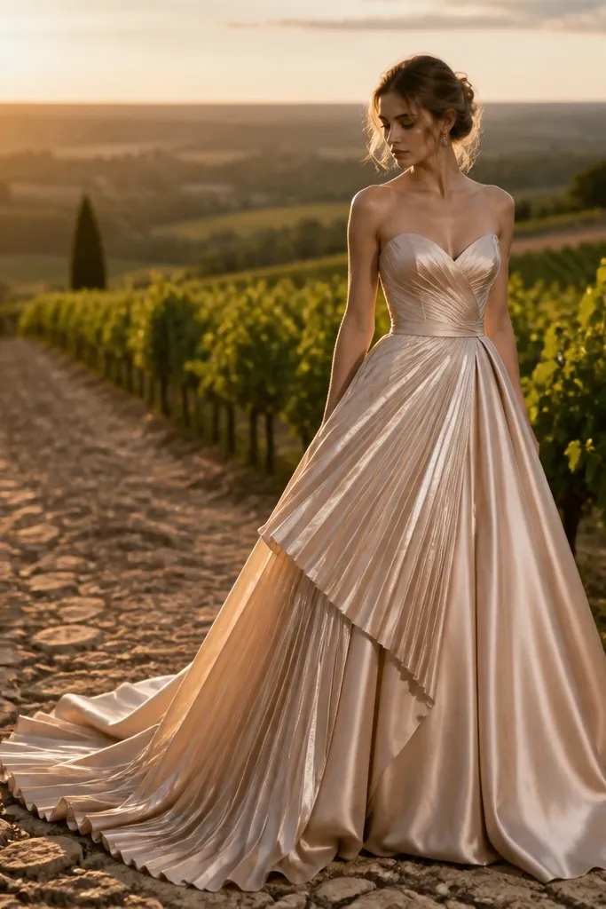 Champagne satin gown with an asymmetrical pleated overskirt