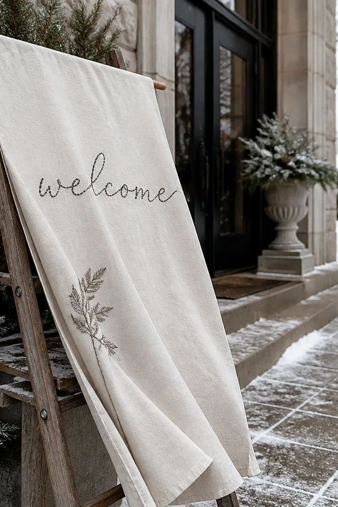 Cream linen banner draped on a small wooden ladder with welcome text