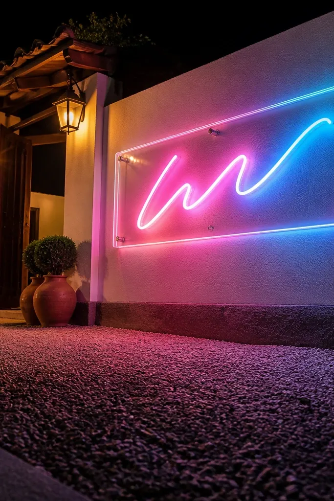 Clear acrylic frame with neon-style welcome lettering glowing
