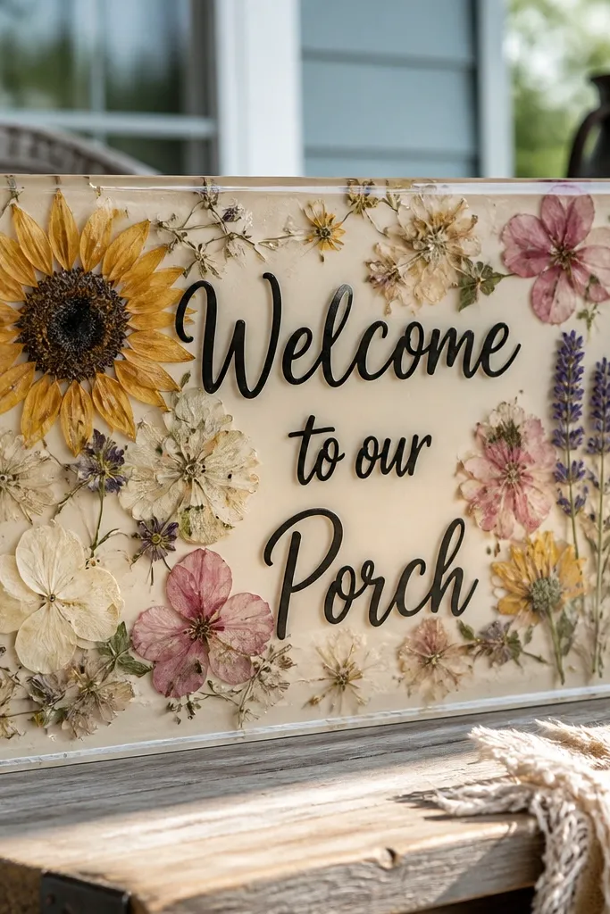 Thick board with resin-set pressed flowers and welcome lettering