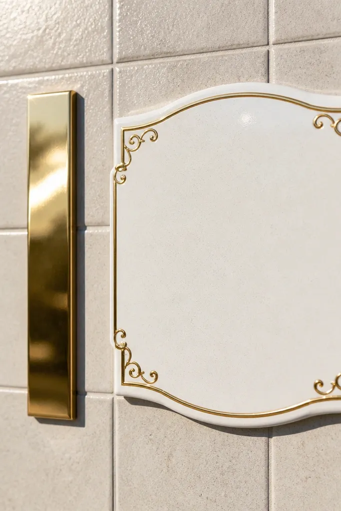 White ceramic tile welcome with a gold nameplate inset