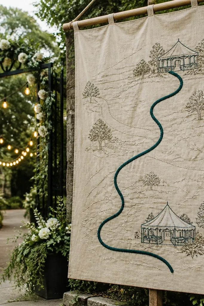 Fabric map style welcome sign with a drawn route line