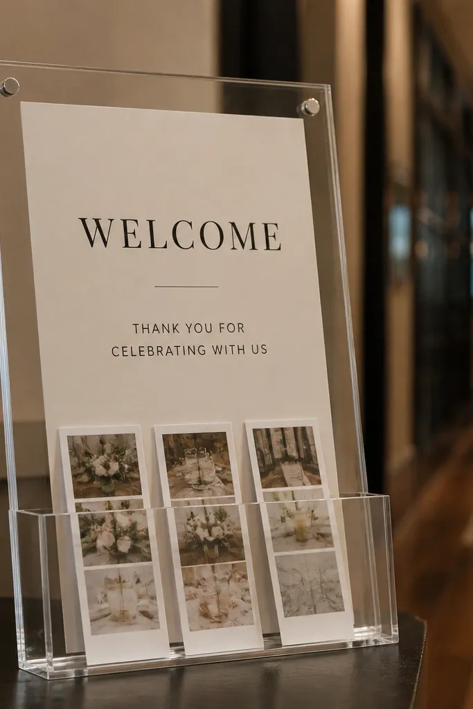 Clear acrylic welcome sign with a slot holding strip cards