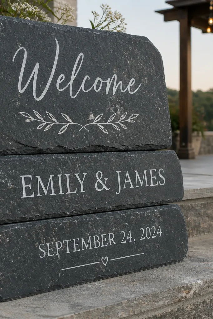 Stacked slate slabs with welcome text on each layer