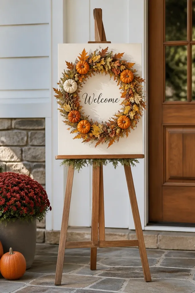 Tall easel with a seasonal wreath and welcome text center