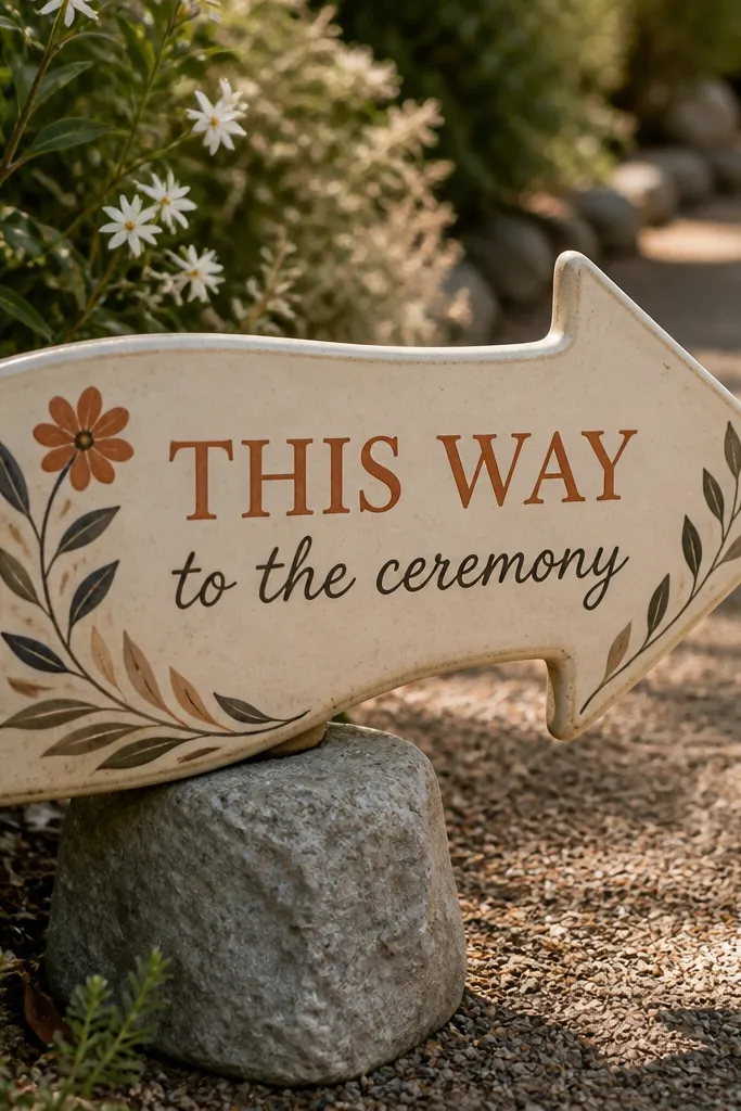 Hand-painted ceramic arrow sign pointing toward a welcome message