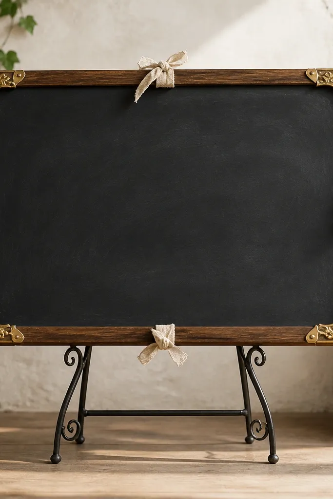Chalkboard panel with gold corners and linen ties on a stand
