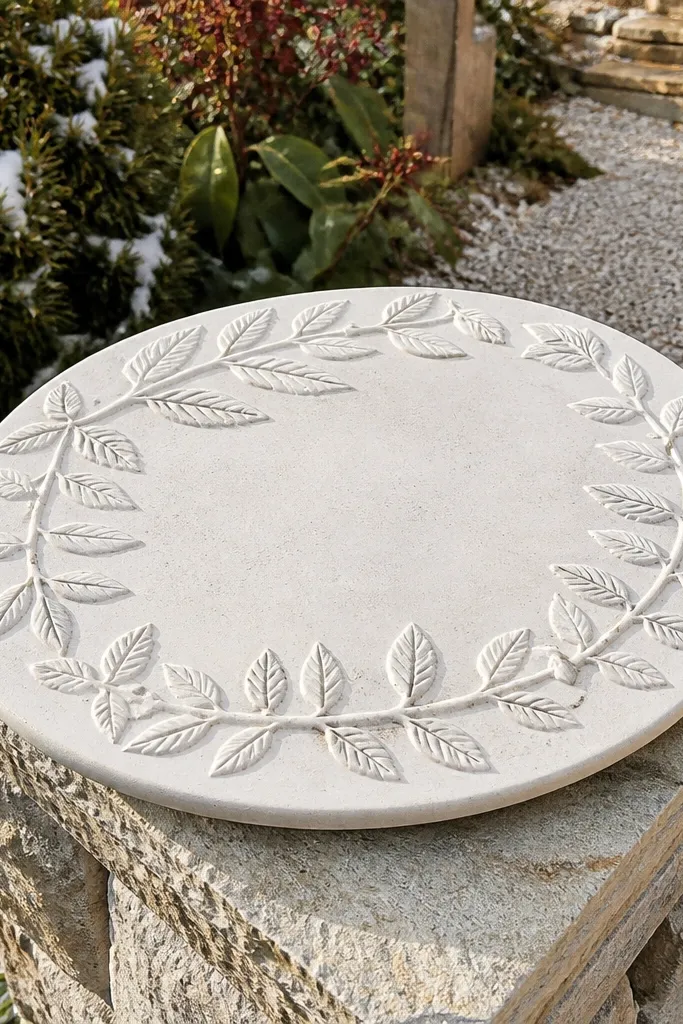 White plaster plaque with pressed leaf border and welcome lettering