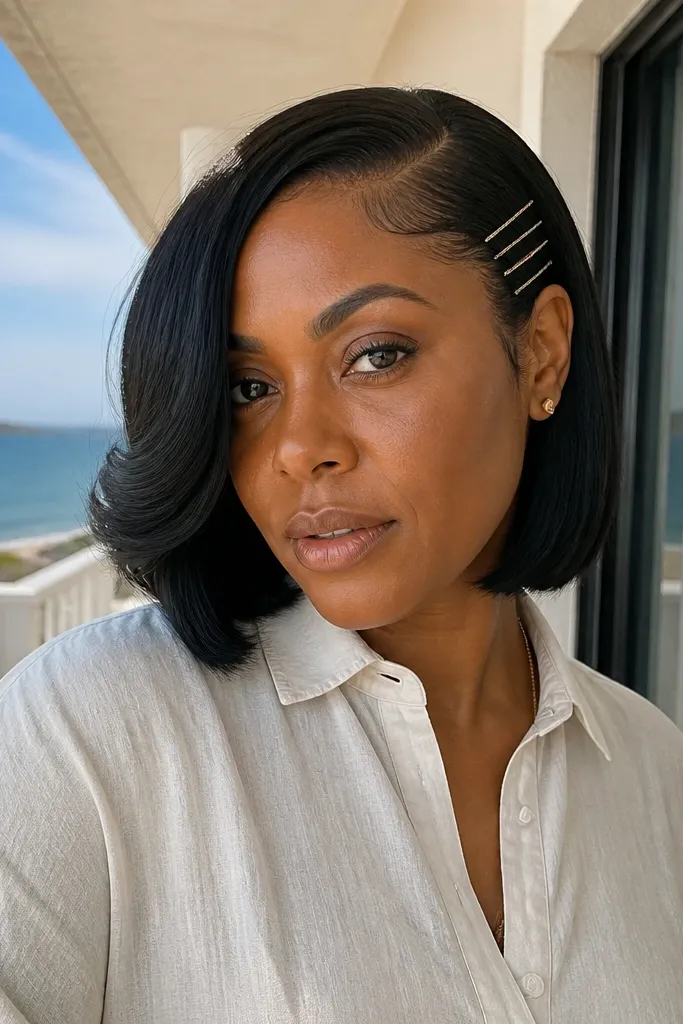 Short bob swept to one side with small matte pins and a glossy hairline