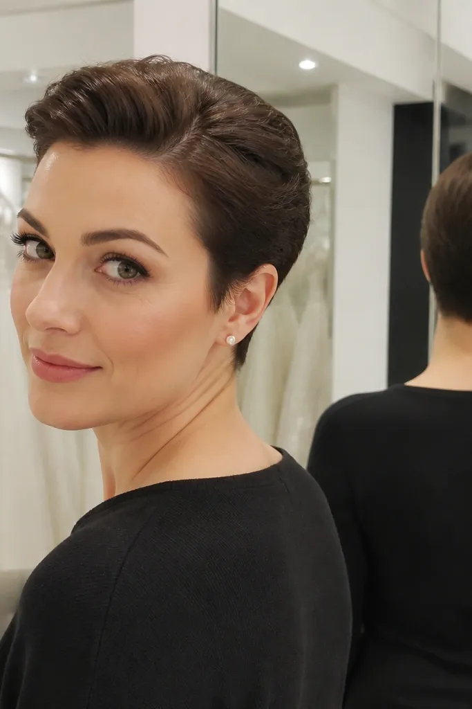 Very short pixie with a tight side twist pinned at the crown