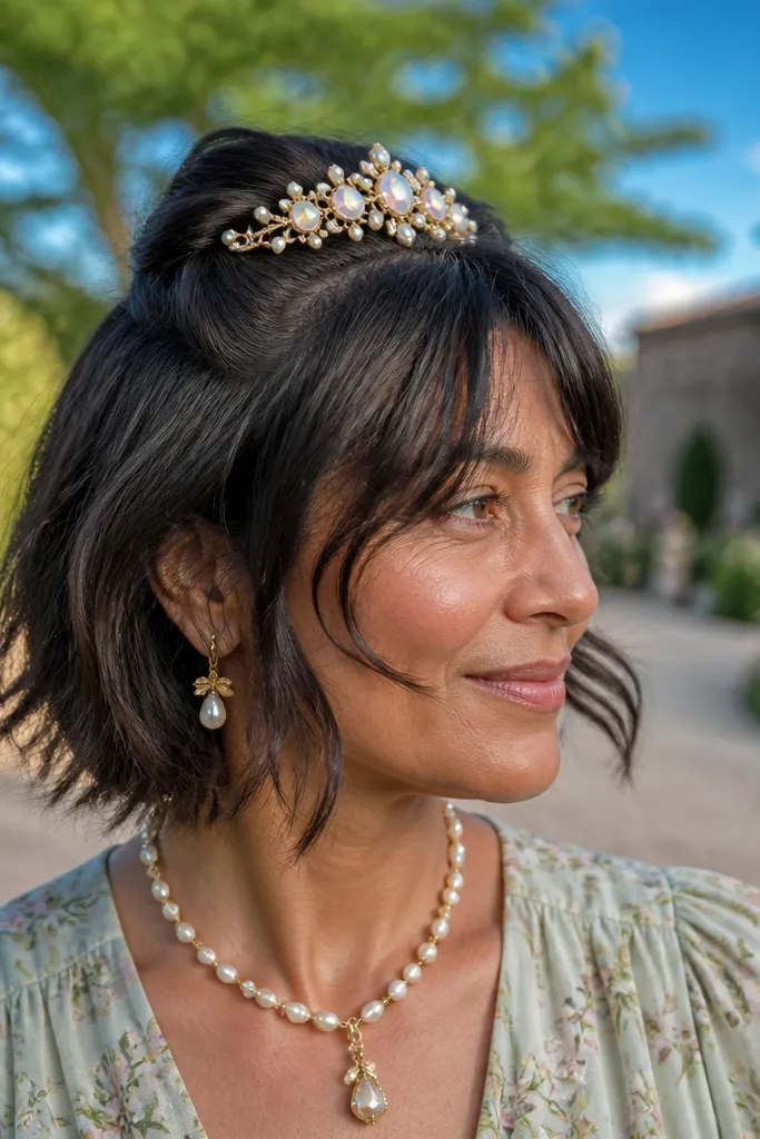Short hair half-up with a crown clip and soft textured fringe across the forehead