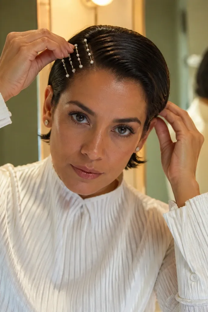 Short bob with a deep side part, glossy finish, and pearl pins at the temple