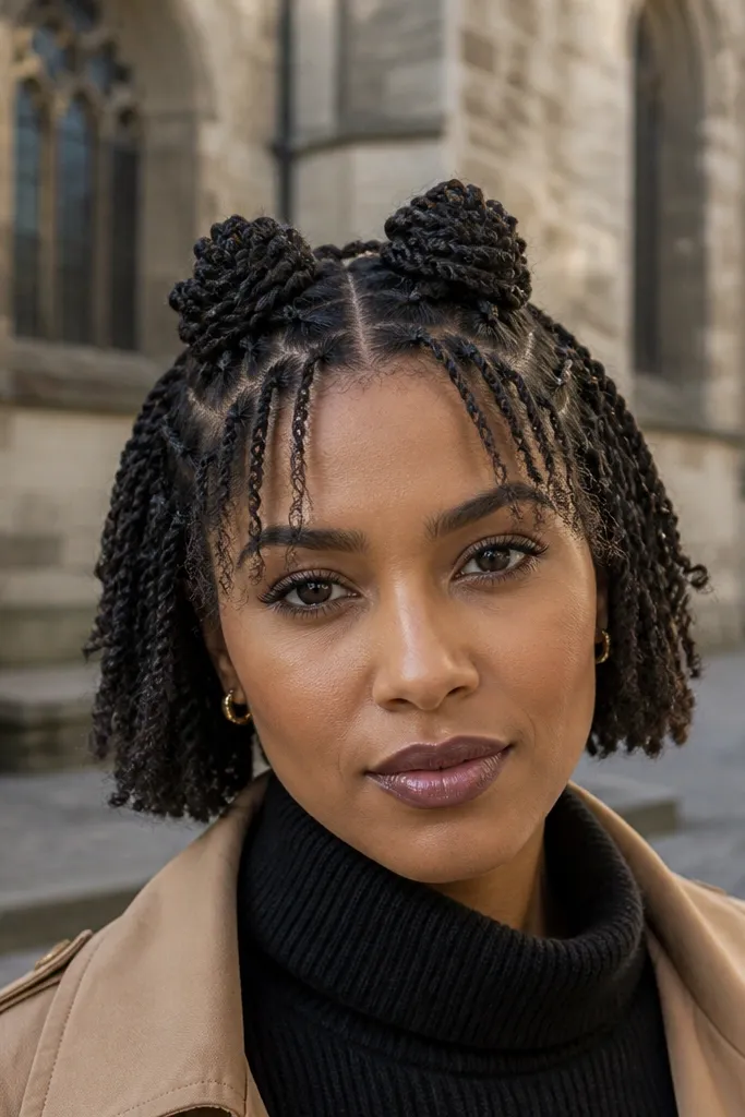 Very short hair with two small twisted crown sections pinned into place