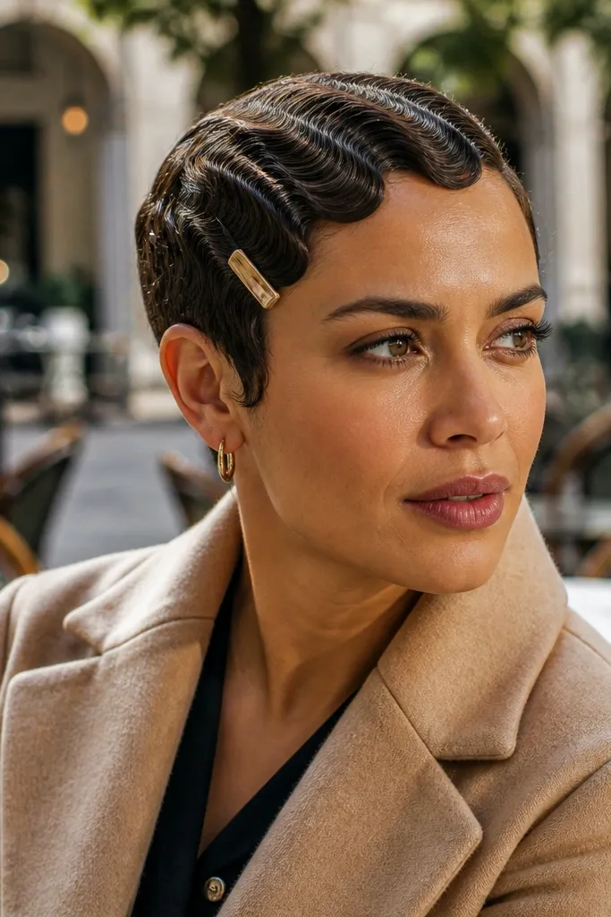 Pixie with defined finger waves and one pinned side section near the ear