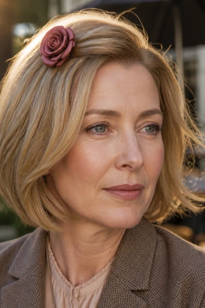 Short bob with a rose-shaped hair clip tucked at the side and soft waves around it