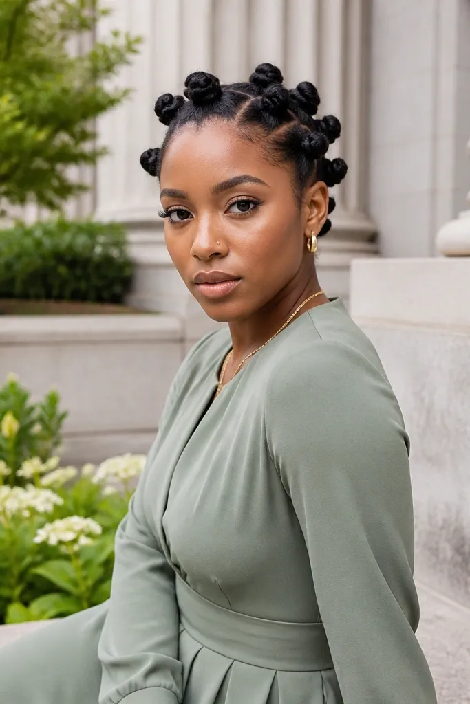 Short hair styled into two to four mini bantu knots with a neat part