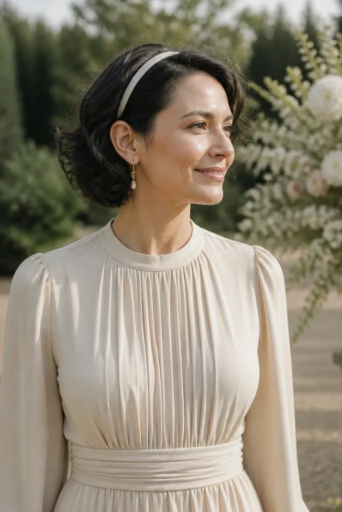 Short hair with side waves tucked behind one ear and a thin ribbon headband