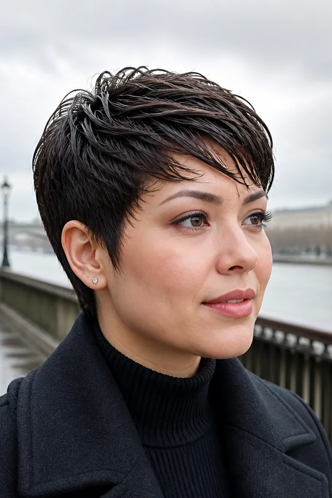 Feathered pixie with textured top and slightly damp-looking finish