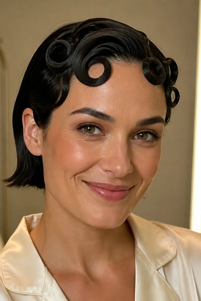 Short front hair in pin-curl ringlets with sleek sides and pinned curls