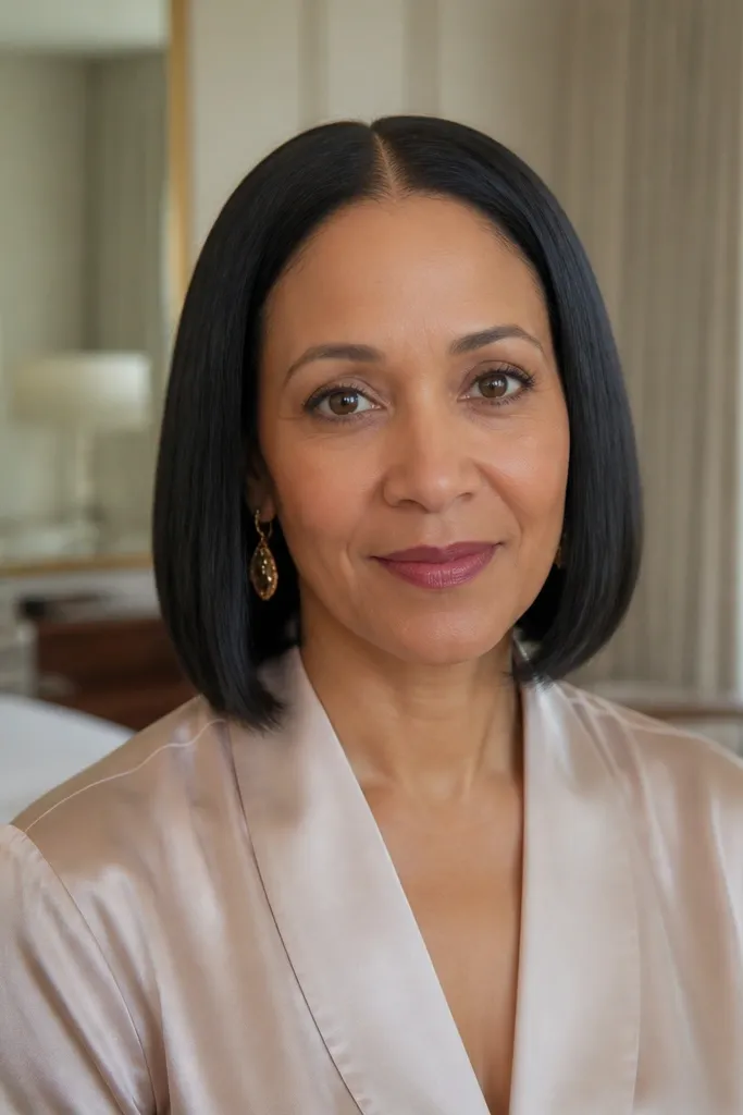 Center-part short bob with smooth shine and a hidden comb under the crown