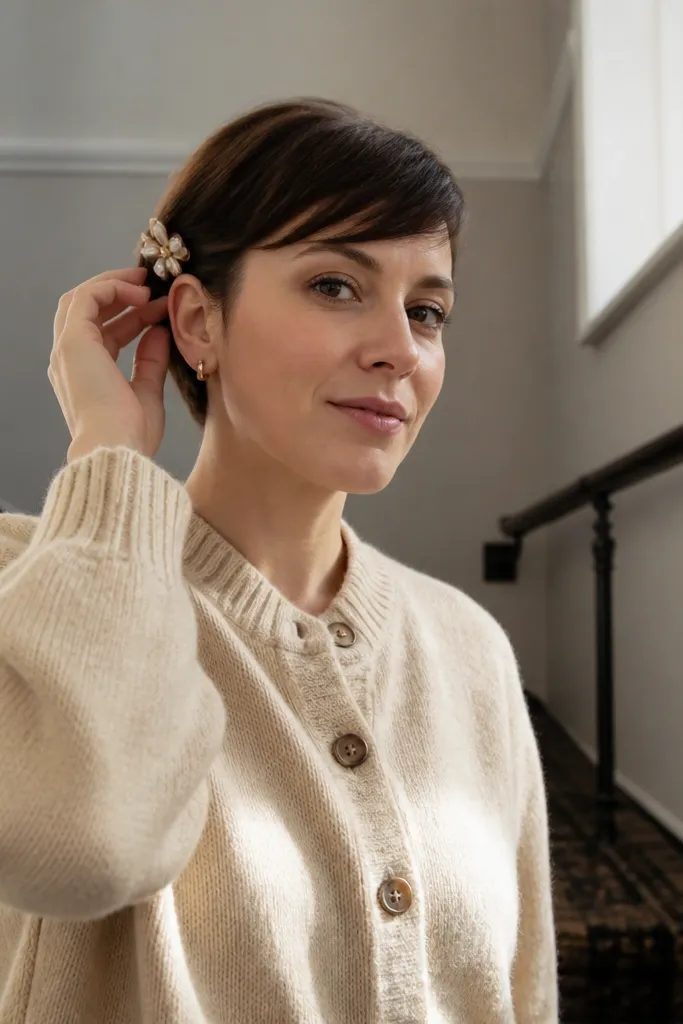 Side-swept pixie tucked behind ear with a small decorative clip