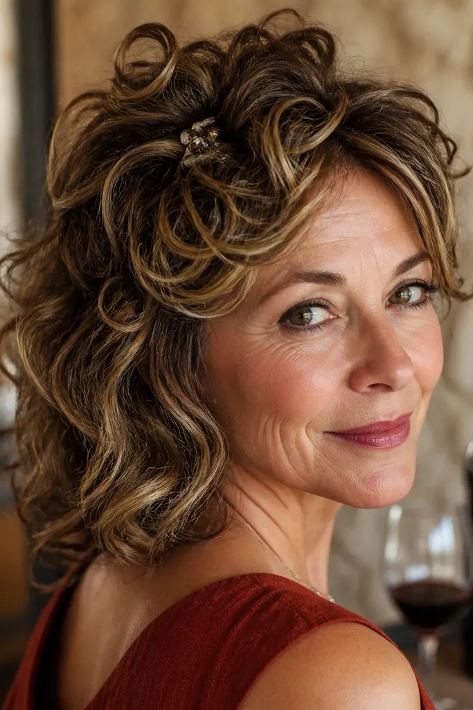 Short hair with soft curls gathered loosely and pinned once near the crown