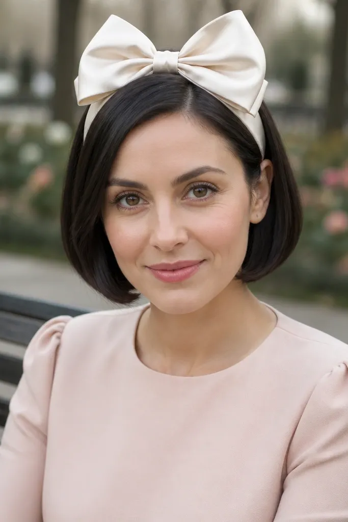 Short hair with a satin bow headband and a sleek front hairline