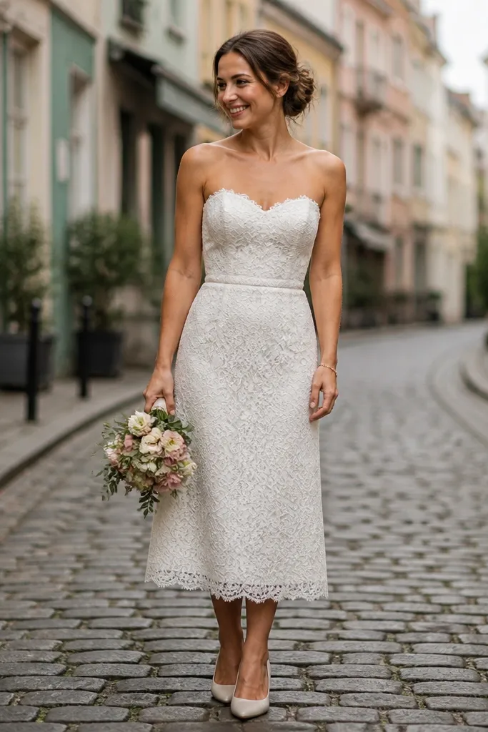 Ivory tea-length lace sheath dress with sweetheart neckline and short sleeves