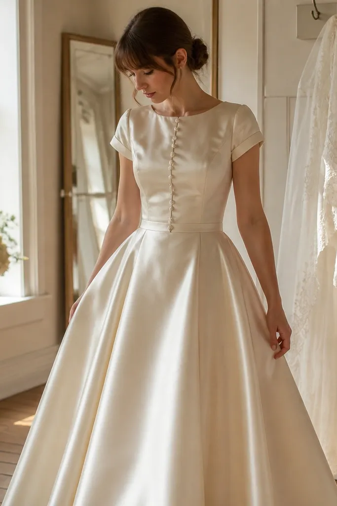 Ivory satin A-line dress with rolled cap sleeves and pearl button back