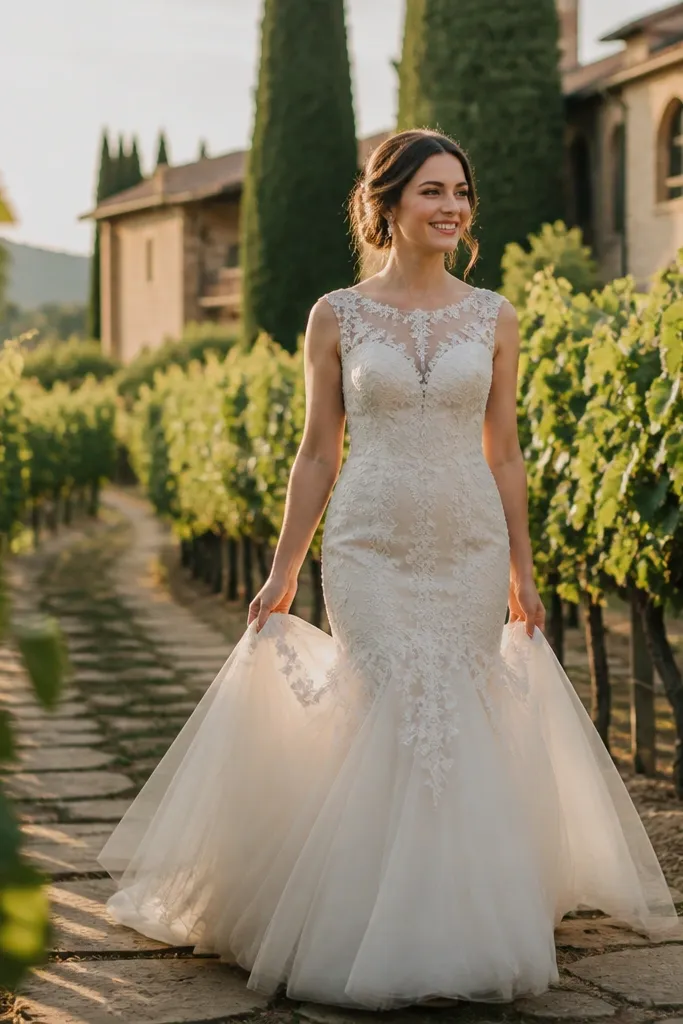 Vintage fit-and-flare wedding dress with lace bodice and airy tulle skirt