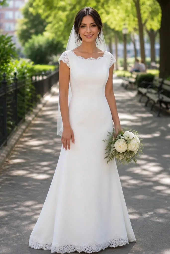 Ivory crepe dress with cap sleeves and scalloped lace trim